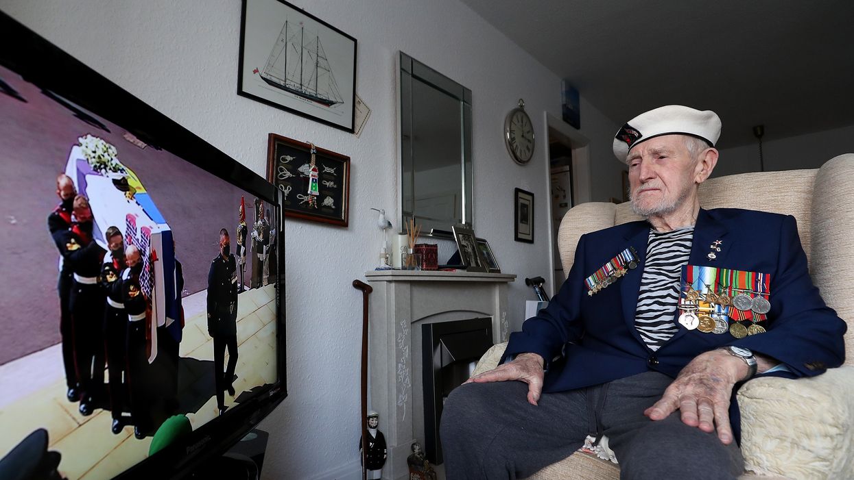 Malcolm Clerc, 94, watches the funeral of the Duke of Edinburgh