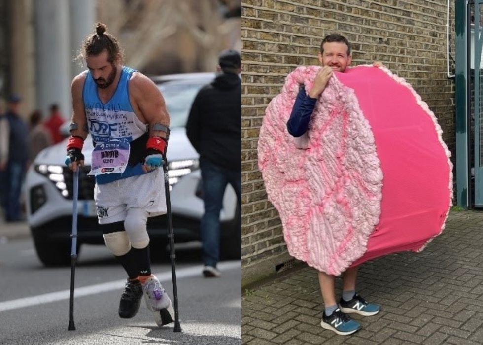 Man on crutches next to man in costume