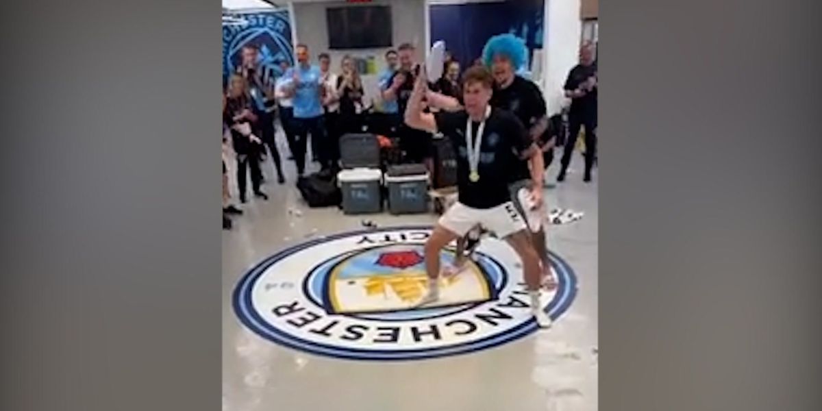Jack Grealish panics as his £1,730 bag almost falls victim to Man City's changing room celebrations Jack Grealish panics as his £1,730 bag almost falls victim to Man City's changing room celebrations