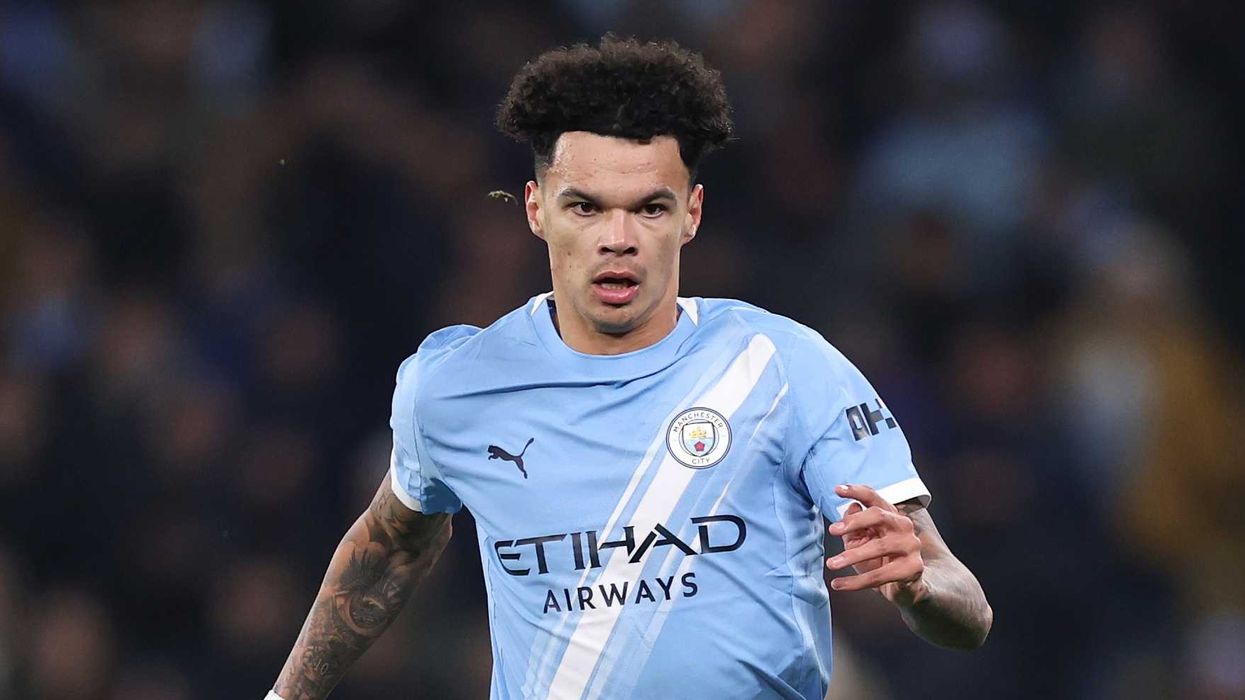 Manchester City player Nico O' Reilly in action during the UEFA Champions League 2025/26 League Phase MD5 match between Manchester City and Bayer 04 Leverkusen at City of Manchester Stadium on November 25, 2025 in Manchester, England