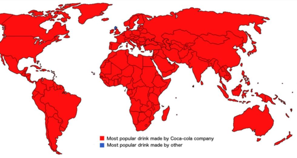 Map of the world according to most popular drink made by Coca Cola company