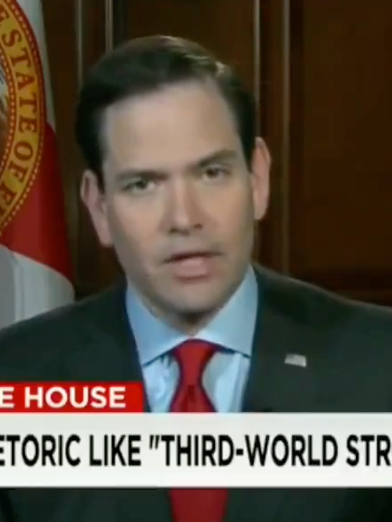 Marco Rubio on CNN under a chryon which reads: 'Race to White House: Rubio: Trump rhetoric like 'third-world strong men'.