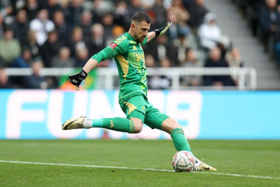 Martin Dubravka of Newcastle United kicks the ball during the Emirates FA Cup Fifth Round match between Newcastle United and Brighton & Hove Albion at St James' Park on March 02, 2025 in Newcastle upon Tyne, England