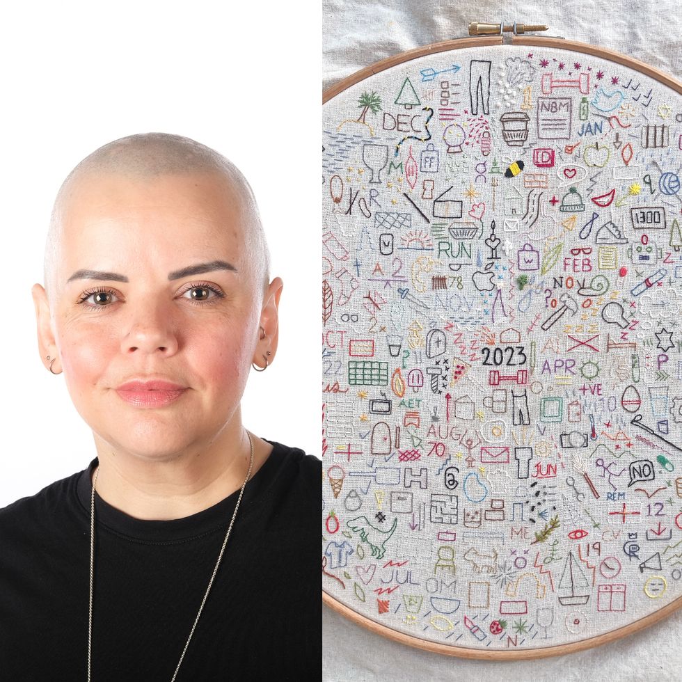 Writer completes embroidery journal documenting 2023 with stitched icons