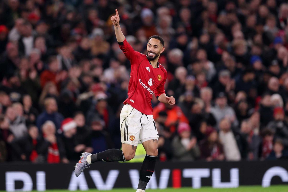 Matheus Cunha of Manchester United celebrates scoring his team's fourth goal during the Premier League match between Manchester United and Bournemouth at Old Trafford on December 15, 2025 in Manchester, England