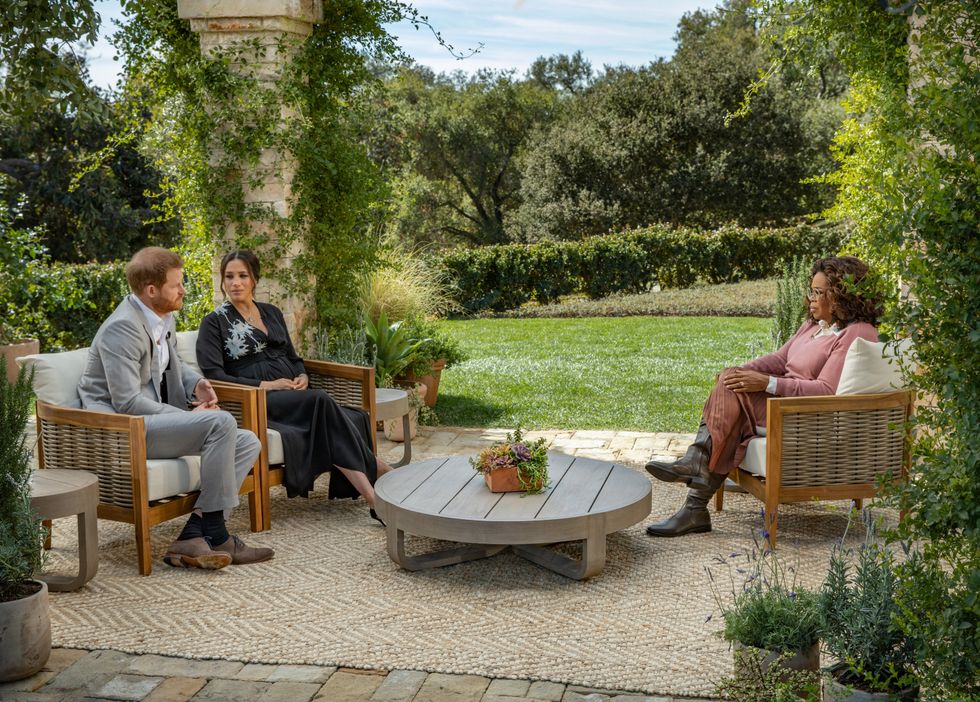 <p>Meghan and Harry talking to Oprah in an interview broadcast in the US on 7 March</p>