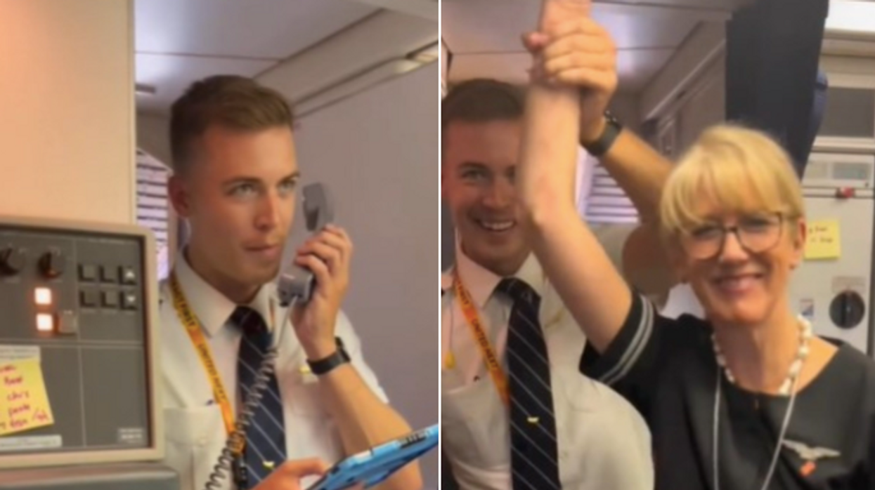 United Airlines pilot gives emotional speech about working with flight attendant mum