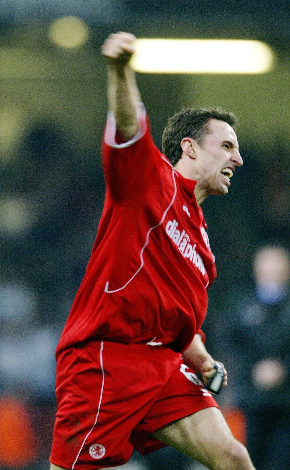 Middlesbrough\u2019s captain Gareth Southgate punches the air in front of the Boro fans before lifting The Carling Cup (Nick Potts/PA)