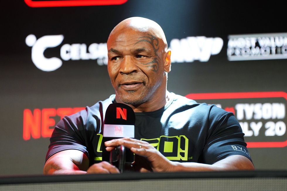 Mike Tyson speaks at a press conference in Texas ahead of his fight with Jake Paul which has been postponed to November