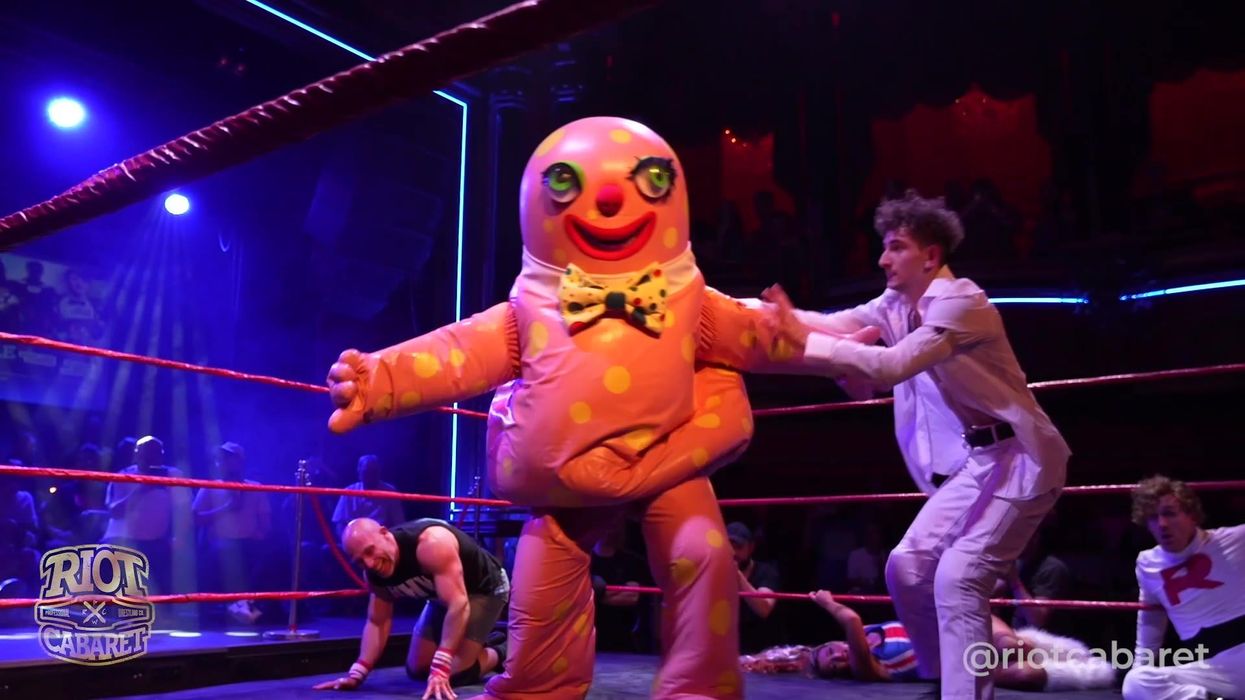 Chaotic scenes as Mr Blobby enters wrestling match and clashes with 90s icons