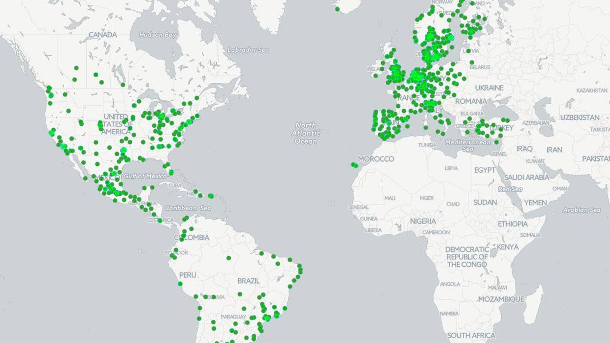 Musical map of cities' favourite tracks, relative to the world, compiled by spotify.