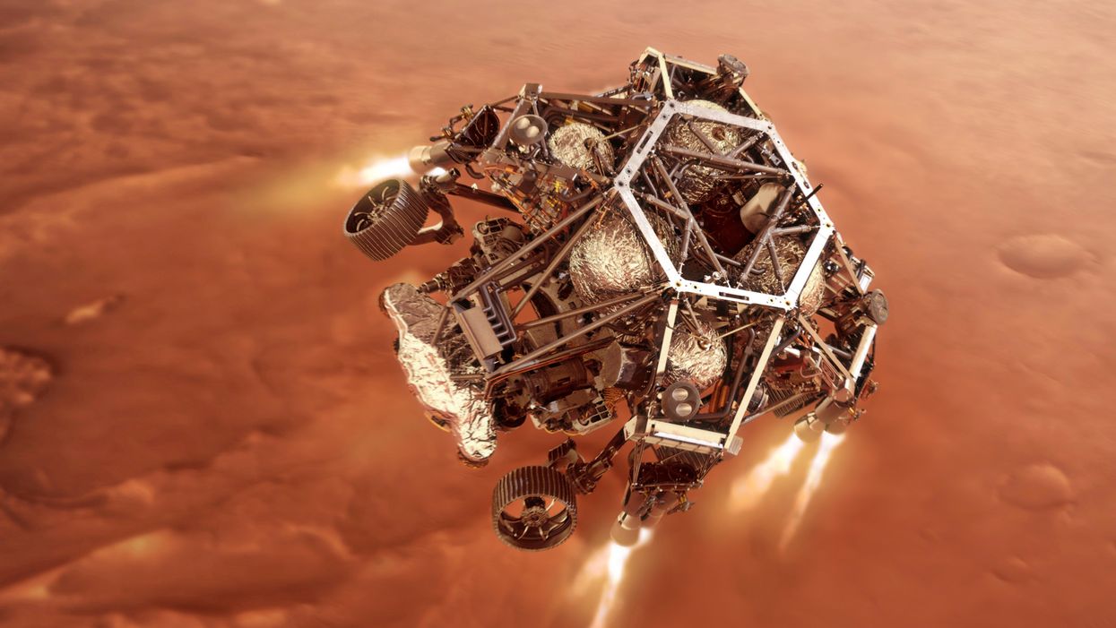 Nasa’s Mars rover, Perseverance, fires up its descent stage in an illustration