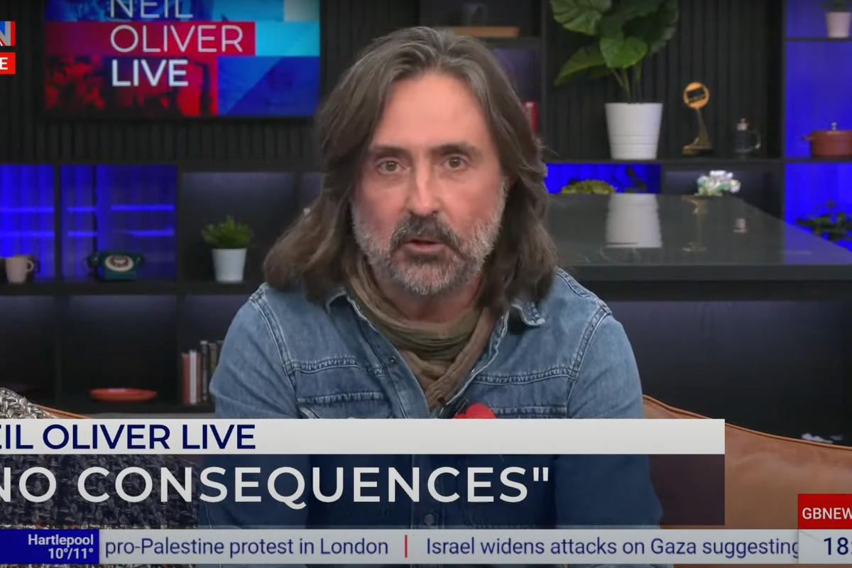 Neil Oliver, a bearded white man with long brown hair and a grey beard, speaks to the camera. A chyron on screen reads: 'Neil Oliver Live: "No consequences".'