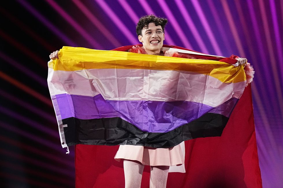 Nemo smiles and holds up the non-binary flag on stage at Eurovision.