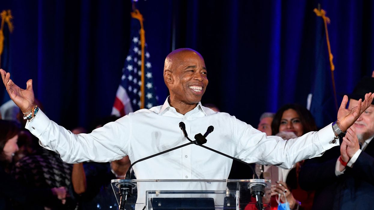 New York City Democratic Mayor-elect Eric Adams gestures to supporters during his 2021 election victory night party at the Brooklyn Marriott on November 2, 2021 in New York City