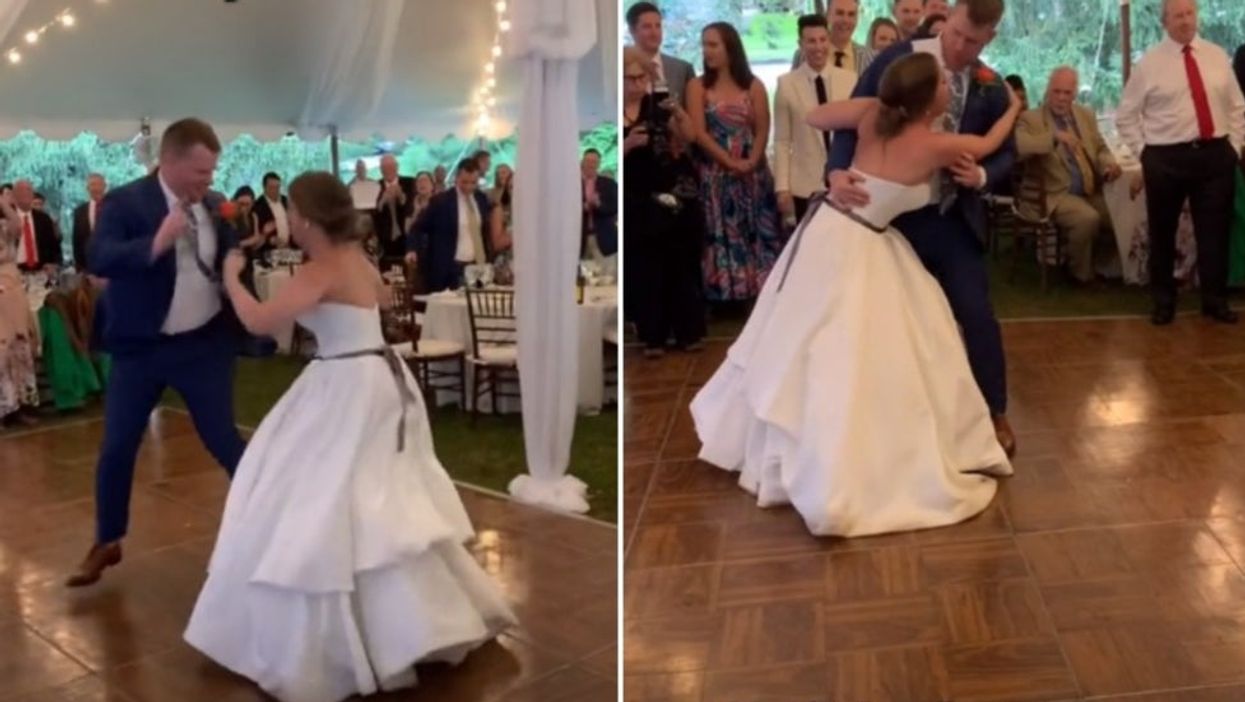 <p>Newlyweds Julie Benn and Paul Richter dancing at their wedding  reception (left) – until he bride dislocates her knee (right)</p>