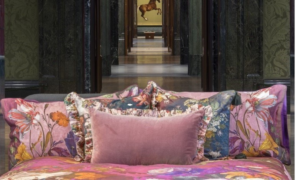 NG200 Wake up to the C C Land \u2013 The Wonder of Art. Bed, adorned by the Marks & Spencer X National Gallery collection, at the National Gallery\u2019s Sainsbury Wing link \u00a9 Photo: The National Gallery