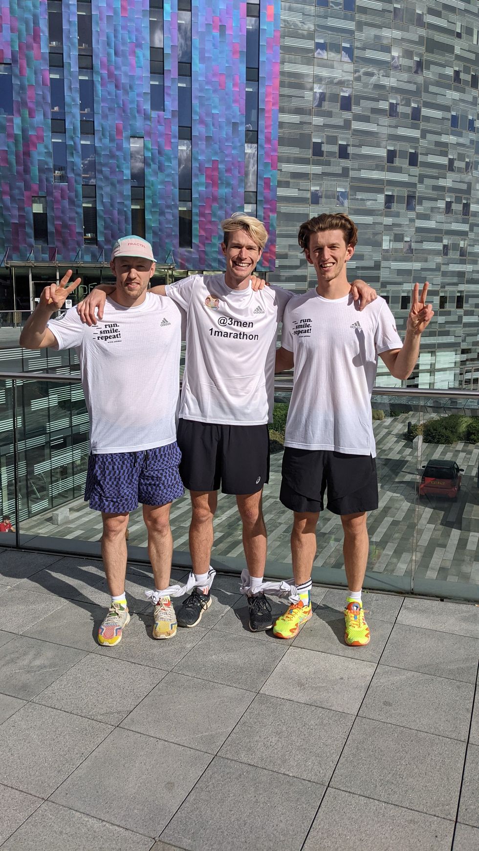 Niall Purcell (centre) will be tied by the ankles to brothers Andrew (left) and Mike (right) Pelton (3 Men 1 Marathon)