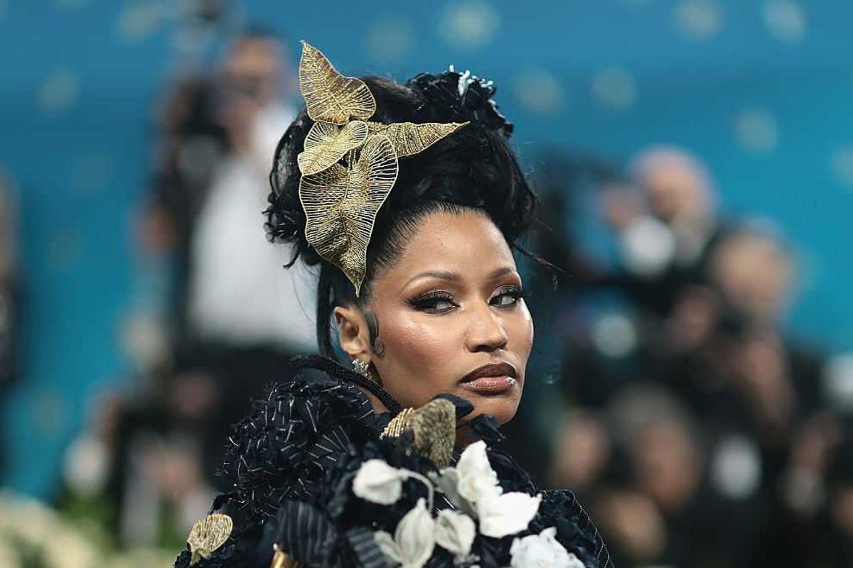 Nicki Minaj at the 2025 Met Gala, with a serious facial expression as she looks slightly over her right shouler.