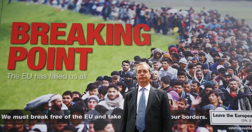 Nigel Farage launches a new Ukip EU referendum poster campaign featuring migrants queuing to get into the EU under the slogan Breaking Point