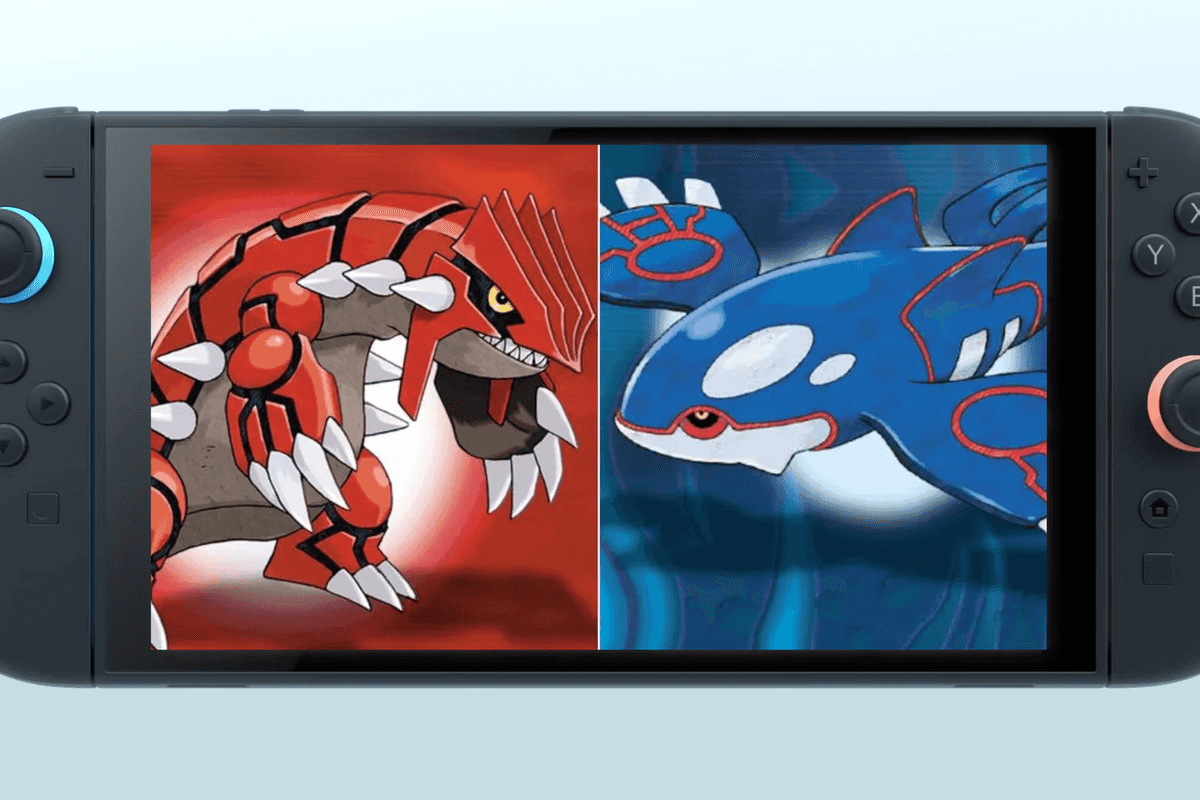 Official artwork of Pokemon Ruby and Sapphire overlaid on a screenshot of the Nintendo Switch 2 console from the first-look trailer