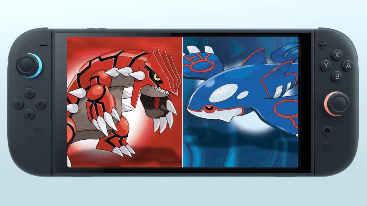 Official artwork of Pokemon Ruby and Sapphire overlaid on a screenshot of the Nintendo Switch 2 console from the first-look trailer