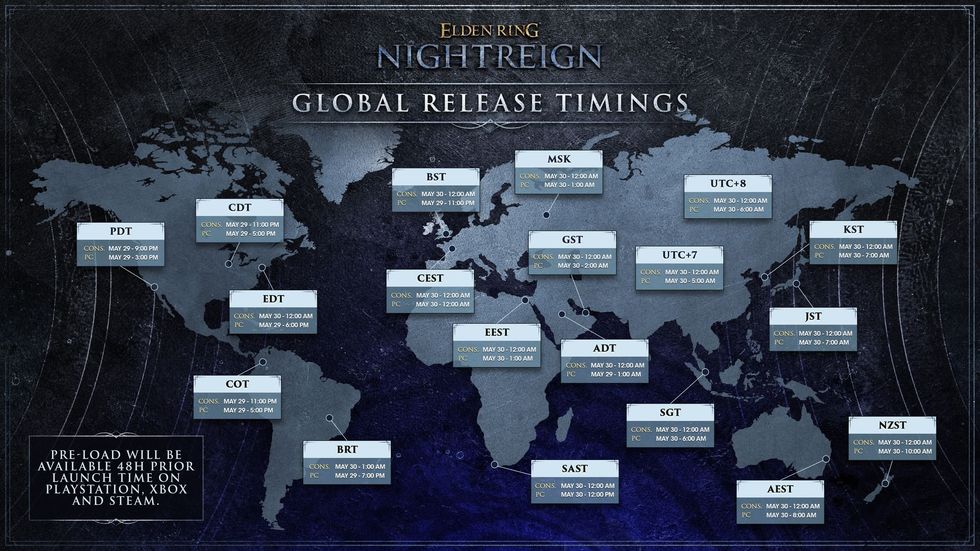 Official global release timings map for Elden Ring Nightreign