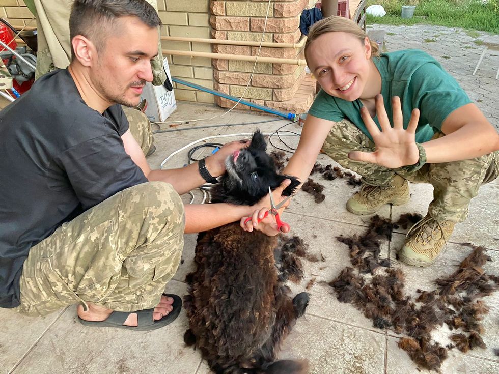 Oksana Krasnova and her husband Stanislav Krasnov with an abandoned dog.