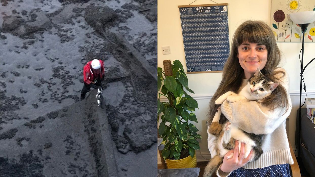 Ollie, a one-year-old cat, was rescued after falling 40 feet into the River Mersey. Collage shows two pictures - the picture on the left shows Ollie being rescued by a person in a red jacket, the picture on the right shows Ollie being held by owner Emma Tarpey