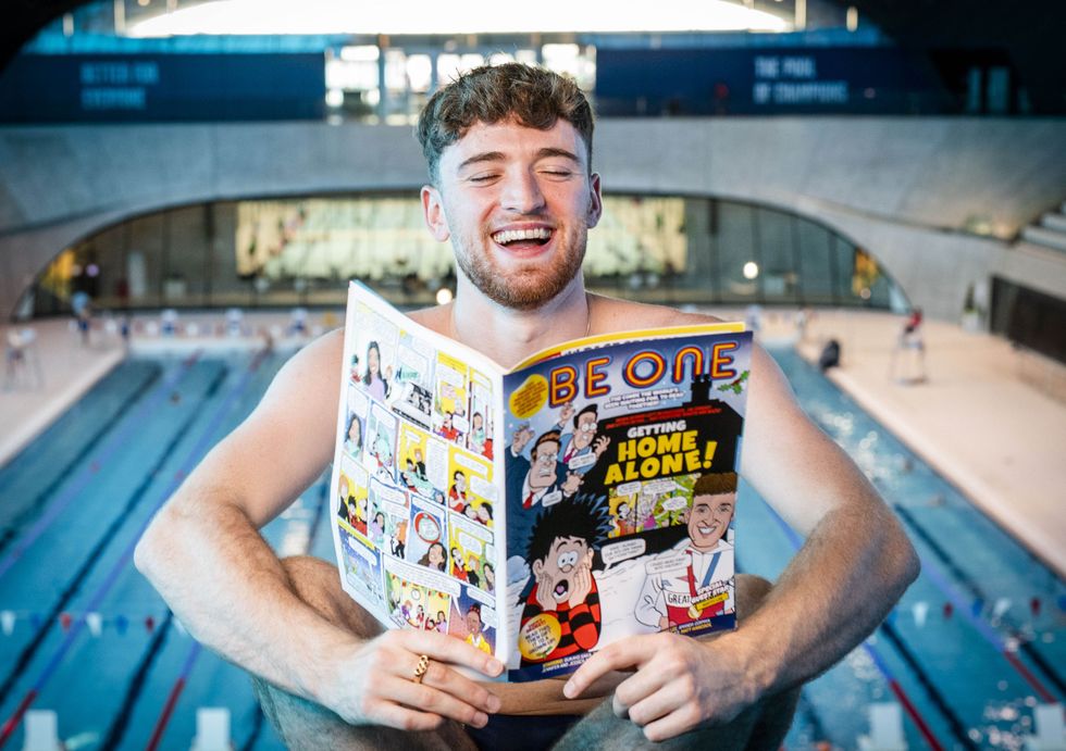 Olympic diver and gold medallist, Matty Lee launches the special edition BeONE comic, by Beano, celebrating British Sporting achievements of 2021 (John Nguyen/PA)
