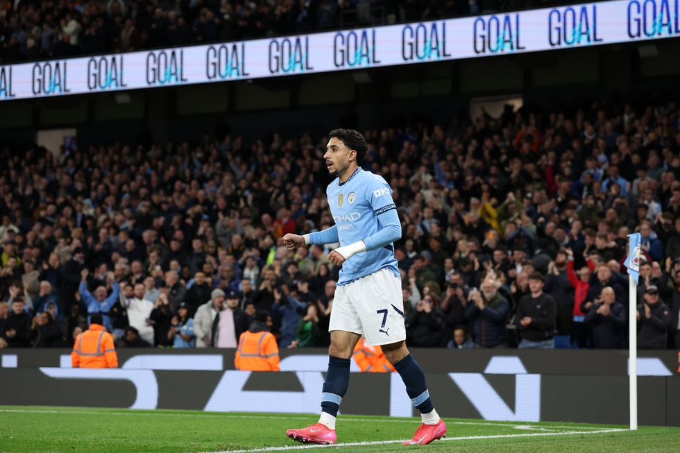 Omar Marmoush of Manchester City after scoring his side's second goal during the Premier League match between Manchester City FC and Leicester City FC at Etihad Stadium on April 02, 2025 in Manchester, England