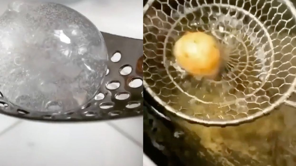 On the left, a ball of water rests on a spoon. On the right, the deep fried ball of water rests in a sieve above a fryer.