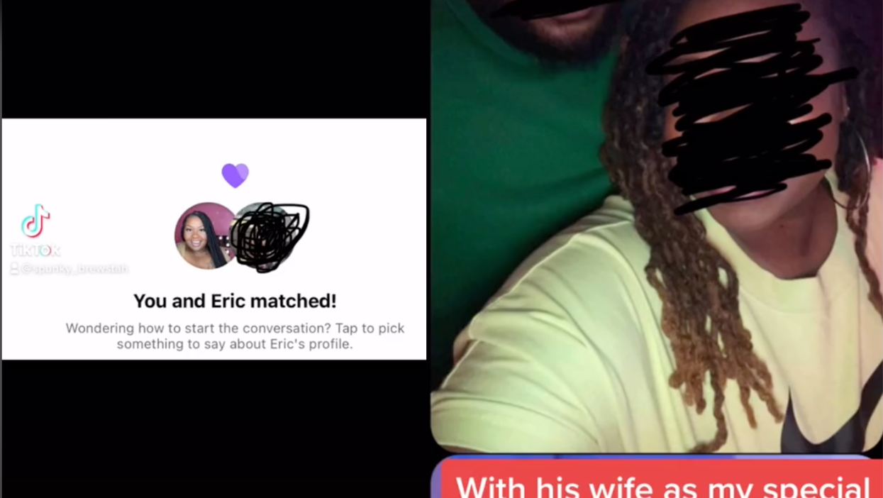 On the left, a dating app screen reads, ‘You and Eric matched!’ On the right is a photo of Eric and his wife, with the faces scribbled out. Text overlaid at the bottom reads: ‘With his wife as my special guest of honor’.