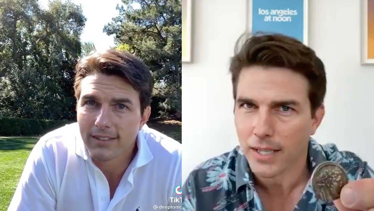 On the left, a deep fake of Tom Cruise in a white polo shirt on a green. On the left, the deep fake is in a blue Hawaiian shirt holding up a coin in his left hand.