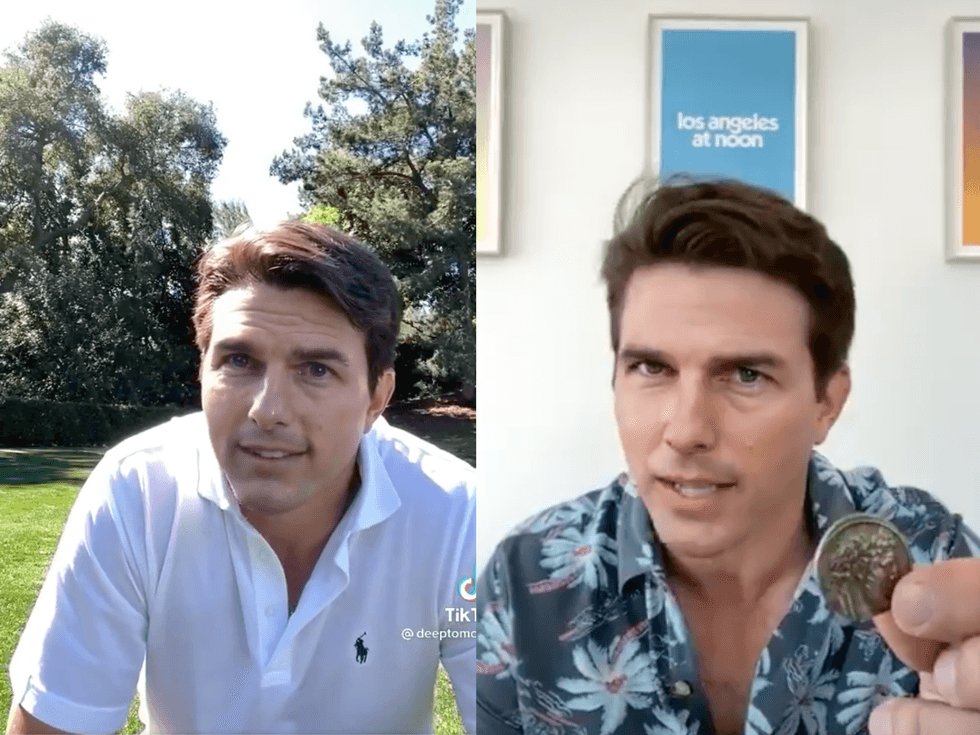 On the left, a deep fake of Tom Cruise in a white polo shirt on a green. On the left, the deep fake is in a blue Hawaiian shirt holding up a coin in his left hand.