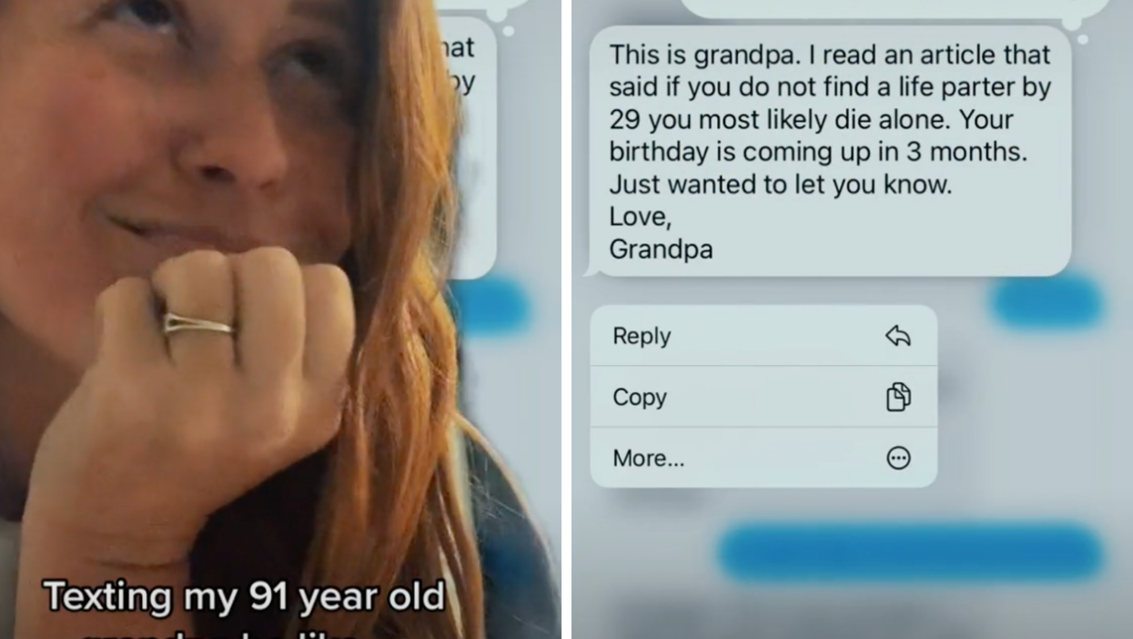 On the left, a young, ginger haired woman rests her chin on her hand and smiles, looking up. Text reads: ‘Texting my 91 year old grandpa be like...’ On the right is a text conversation between the two of them.
