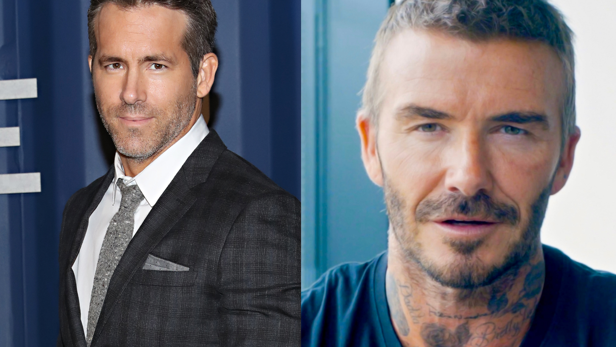 On the left is Ryan Reynolds in a black suit. On the right is David Beckham in a blue t-shirt.