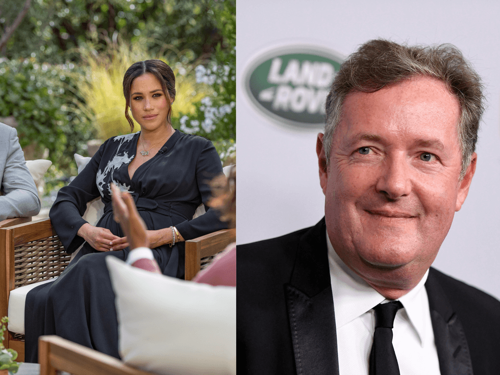 On the left, Meghan Markle sits in a garden. The arm of Harry is seen on a chair to the left of her, and the back of Oprah Winfrey is visible in the foreground. On the right is Piers Morgan, at a press event in a black suit.