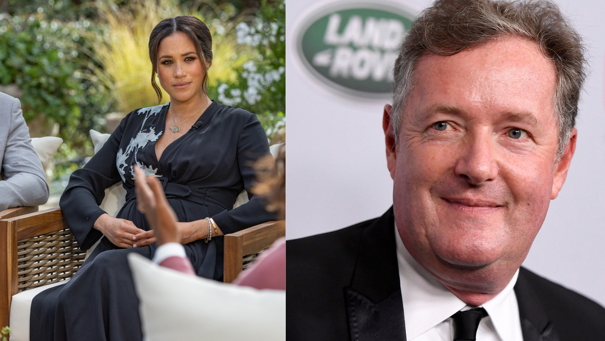 On the left, Meghan Markle sits in a garden. The arm of Harry is seen on a chair to the left of her, and the back of Oprah Winfrey is visible in the foreground. On the right is Piers Morgan, at a press event in a black suit.