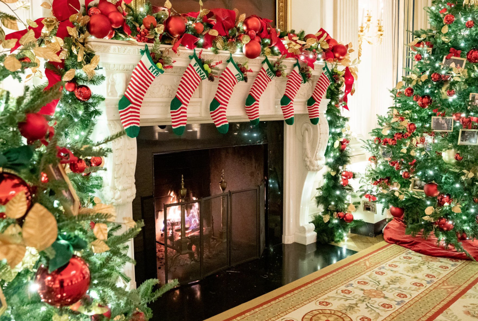 <p>One of the White House fireplaces, with Jill Biden\u2019s Christmas decorations </p>