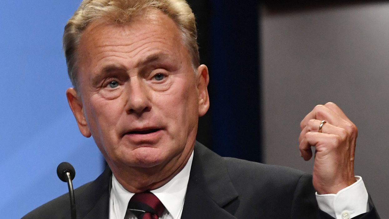 <p>Pat Sajak speaking at the National Association of Broadcasters</p>
