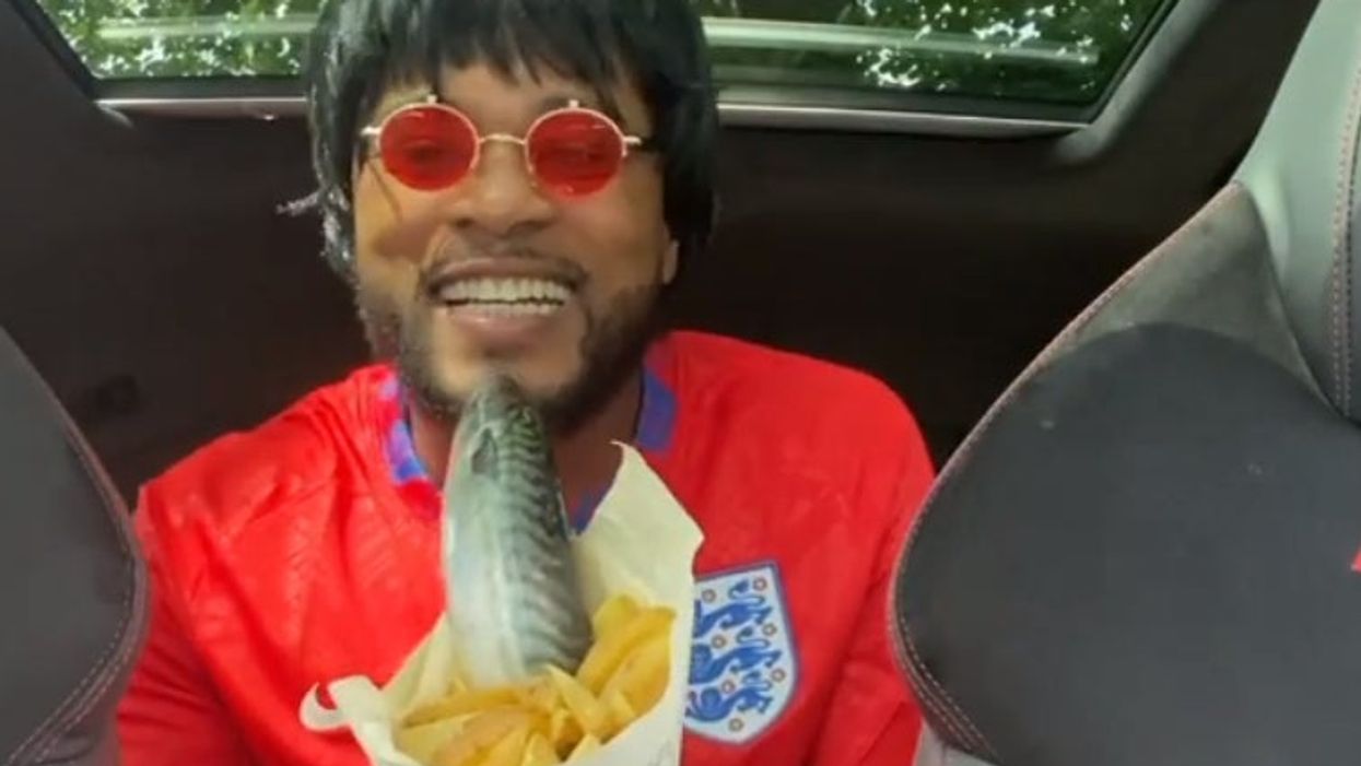 <p>Patrice Evra filmed himself singing with a raw fish and bag of chips ahead of England’s Euro 2020 semi final match</p>
