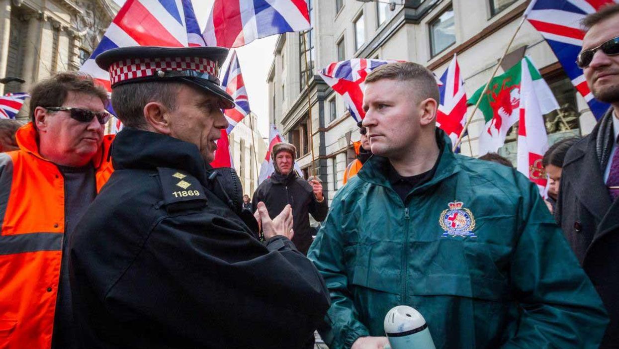 Paul Golding leader of Britain First right-wing patriot group outside Old Bailey court in London.