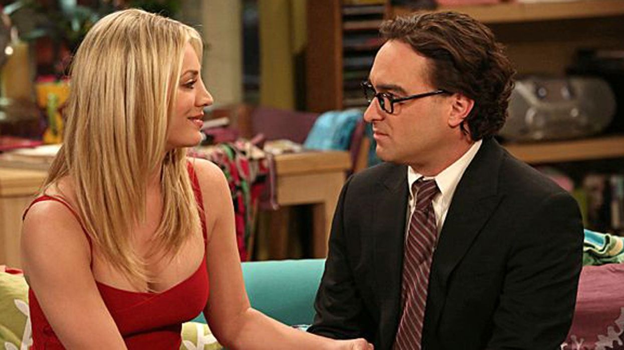 Penny (Kaley Cuoco_ and Leonard (Johnny Galecki) during an episode of The Big Bang Theory
