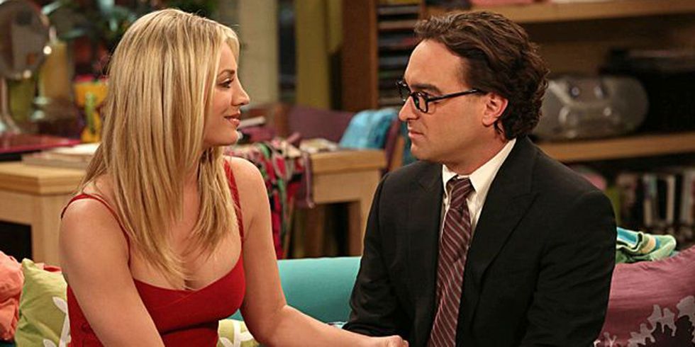 Penny (Kaley Cuoco_ and Leonard (Johnny Galecki) during an episode of The Big Bang Theory