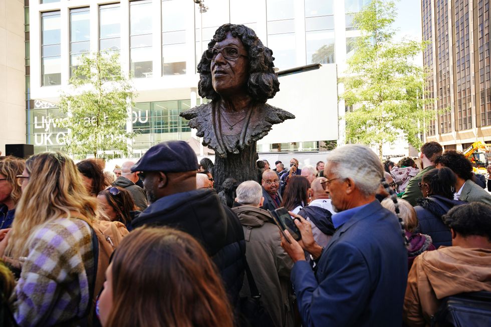 People at the unveiling of the statue of Betty Campbell, Wales\u2019 first black headteacher (Ben Birchall/PA)