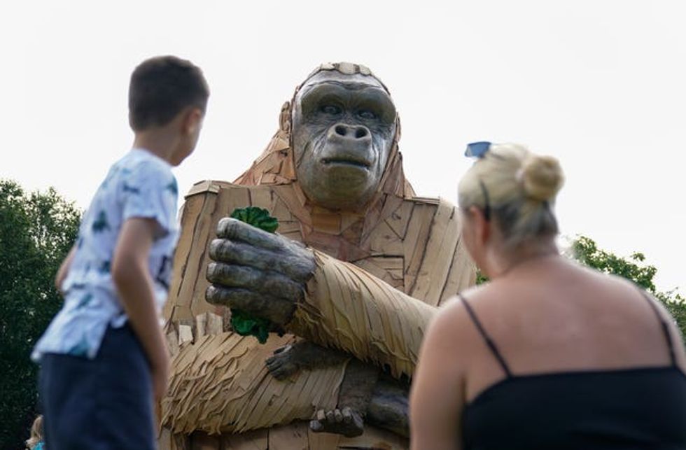 People look up at the giant interactive gorilla sculpture \u2018Wilder\u2019, during it\u2019s unveiling to mark the final opening weeks of Bristol Zoo Gardens in Bristol. Picture date: Thursday July 21, 2022