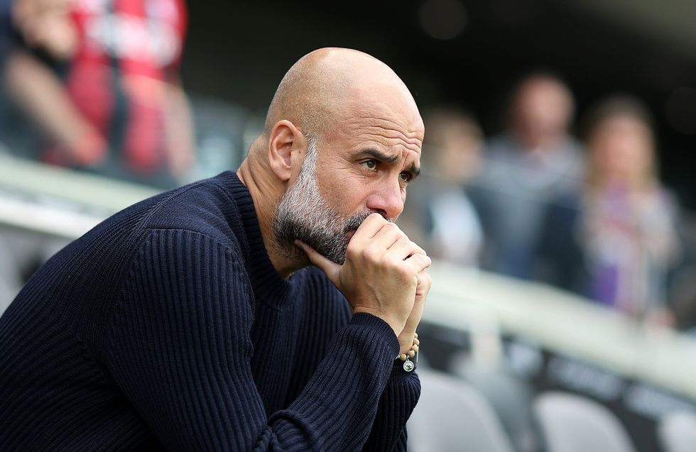 Pep Guardiola, Manager of Manchester City, reacts prior to the Premier League match between Fulham FC and Manchester City FC at Craven Cottage on May 25, 2025 in London, England