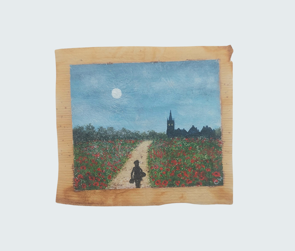 Person walking to church on tea bag