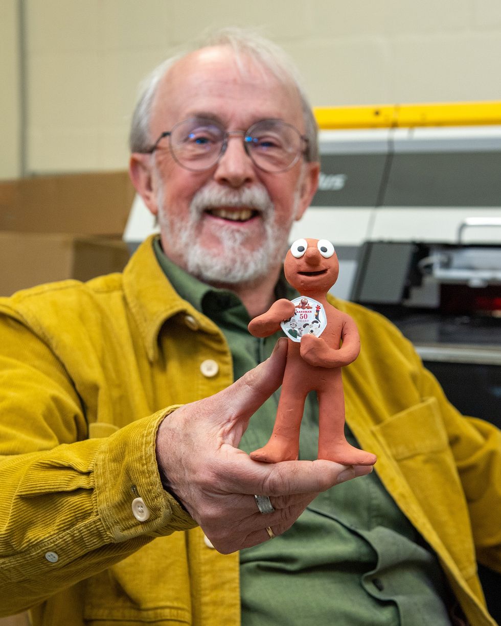 Peter Lord with Morph and a Royal Mint coin